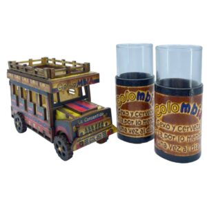 🚌 Set Artesanal Chiva Colombiana + 2 Copas Tequileras en Cuero